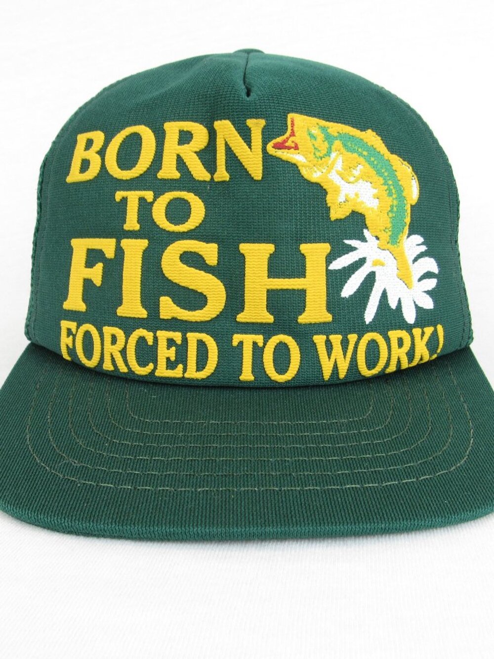 VTG "Born To Fish Forced To Work" Bass USA Green Trucker Hat Snap Back Mesh Cap
